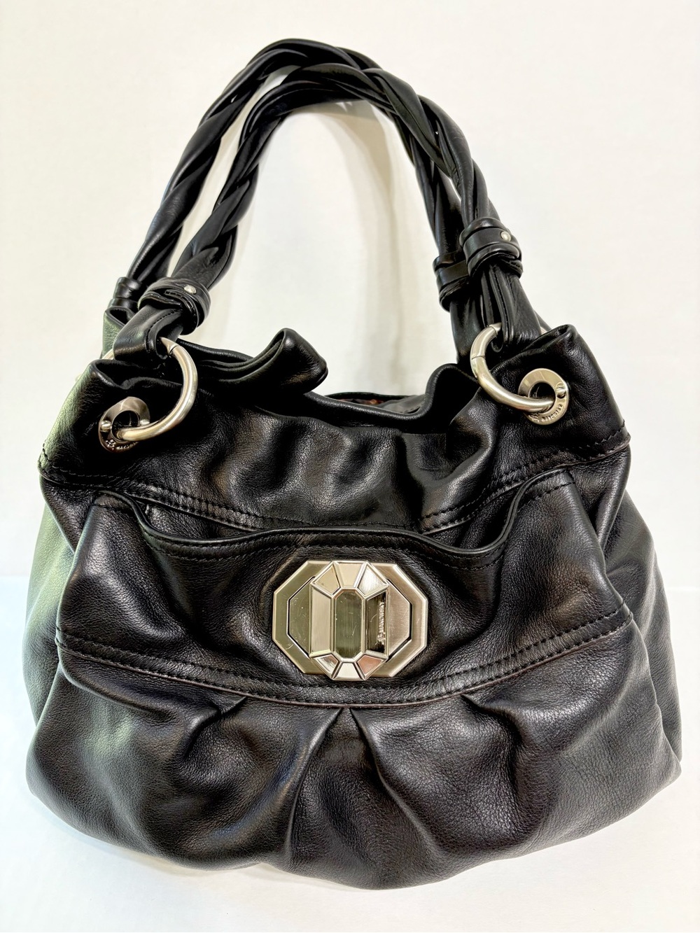 B. Makowsky Y2K Black Genuine Leather Hobo Shoulder Bag Silver Hardware Magnetic